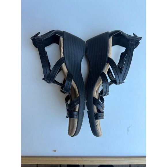 Earth Spirit Sandals Women Size 6 Black Leather Kelly Low Wedge Gladiator Strapp - Picture 7 of 10